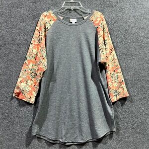 LulaRoe T-Shirt Women XL Gray Orange Floral Stretch 3/4 Raglan Sleeve Round Neck